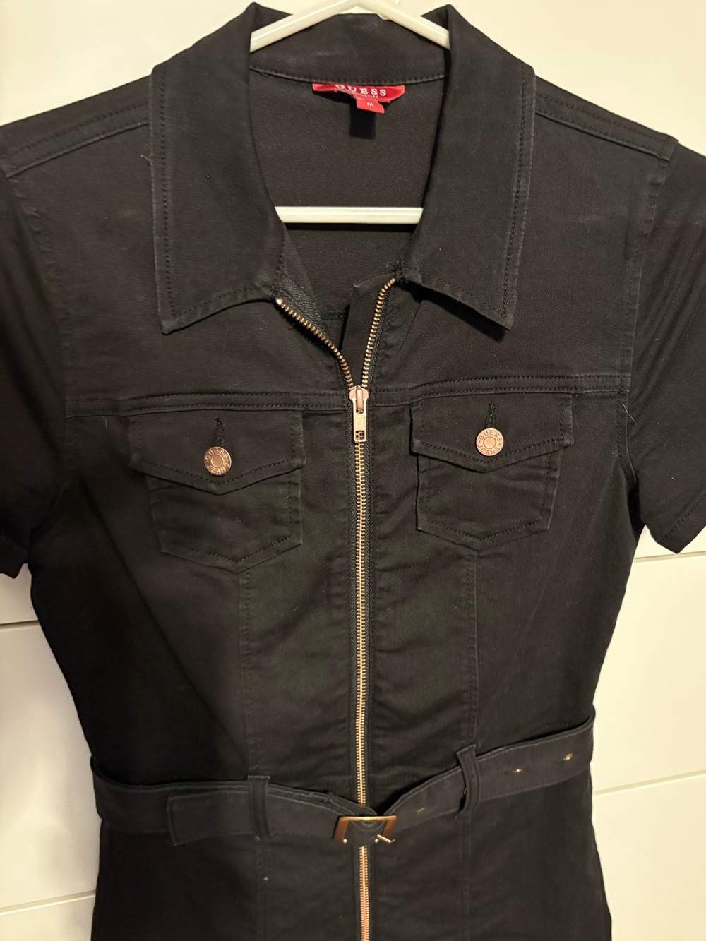 Guess Black Short-Sleeve Zip-Front Romper with Rose Gold Hardware - Picture 2 of 8
